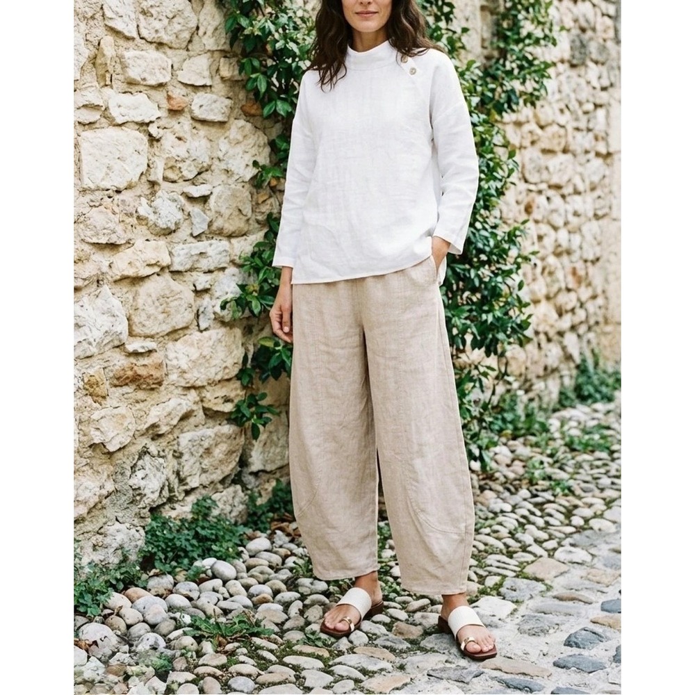 Lintico Zoe 100% Linen Classic Ankle Pants Beige XXL Elastic Waist Barrel Leg